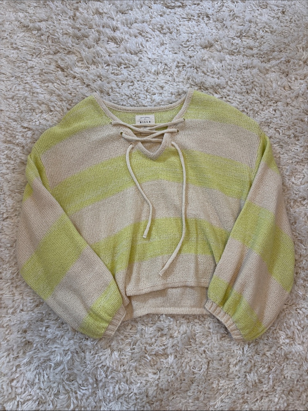 Billabong Cream and Lime Green Striped V-Neck Sweater